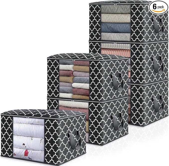 WISELIFE Storage Bags 100L 6-Pack Large Blanket Clothes Organization and Storage Containers for Bedding, Comforters, Foldable Organizer with Reinforced Handle, Clear Window, Sturdy Zippers