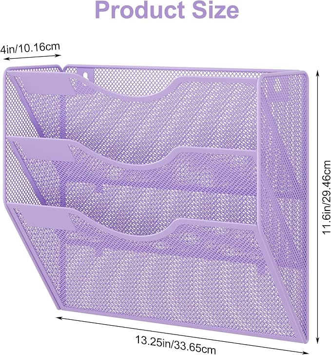 EasyPAG 3 Pocket Mesh Wall File Organizer, Hanging Paper Folder Holder with Classify Label, Vertical Wall Mount Mail Organizer for Office Home Classroom, Purple