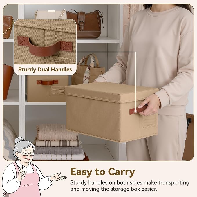 GRANNY SAYS Storage Basket with Lid, Linen Fabric Storage Bins with Label, Decorative Storage Boxes, Clothes Storage and Organization, Memory Keepsake Box, 3-Pack, Brown