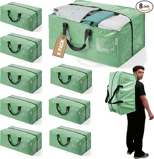 WORKPRO 8 Pack Extra Large Moving Bags with Zippers & Carrying Handles Backpack Straps, Heavy-Duty Storage Tote for Space Saving & Storage, Alternative to Moving Box (Green)