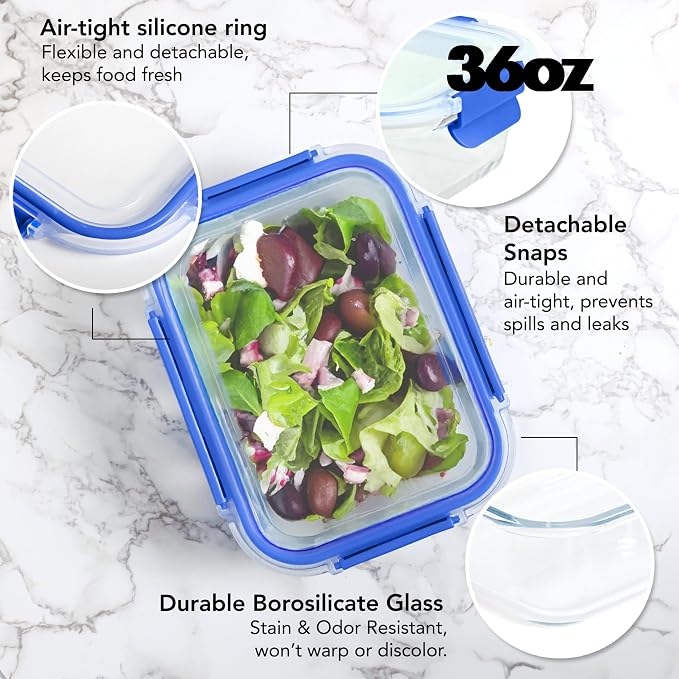 ECOBERI Glass Meal Prep Containers with Silicone Sleeves, 5 Piece 4.5 Cup Set, Borosilicate Glass Food Storage with Leak-Resistant Lids, Oven, Microwave, Freezer and Dishwasher Safe.