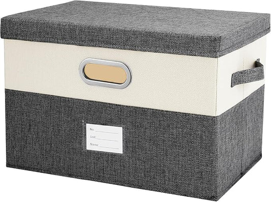 Large Linen Fabric Foldable Storage Bins with Removable Lid and Handles, Washable Storage Box Organizer Containers Baskets Cube with Cover for Bedroom,Closet,Office,Nursery(Grey&Cream, Large)