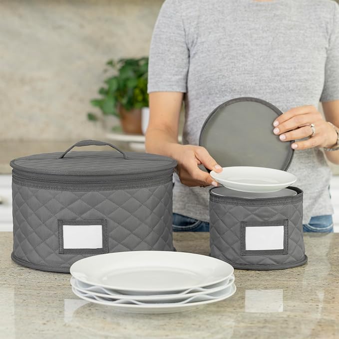 2 Pack - 7" Saucer Storage Case - China Storage Container - Stackable With Padded Interior to Store your Dinnerware Dishes - 24 Felt Dividers Included - Great for Small Plates, Bowls, Appetizer Plates