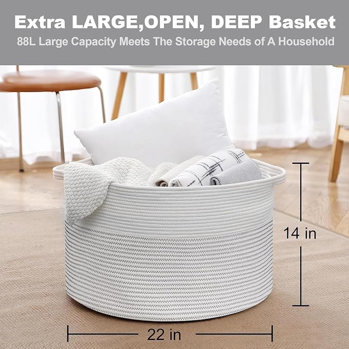 MEGASKET XXXL Large Cotton Rope Blanket Basket for Living Room, Woven Rope Storage Baskets for Organizing, Nursery Kids Toy Baskets Storage Bin Organizer, Baby Laundry Basket Hamper, Decor Basket, 88L
