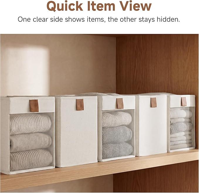 StorageWorks Fabric Storage Bins with Clear Window, Closet Organizer and Storage Bins for Clothes, Collapsible Storage Baskets with PU Handles, Narrow Storage Bin, Beige, 3-Pack
