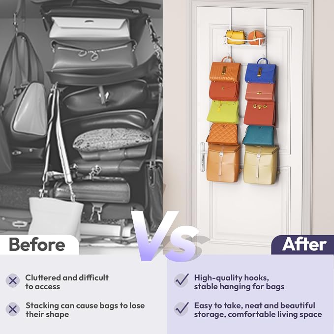 SWTYMIKI Over The Door Purse Organizer - Wall Mounted Purse Rack with 10 Hooks and Metal Basket, Handbag Hanger Organizer Holds up to 10 Bags, Bag Rack Can Use As 1/2 Part, for Door, Closet