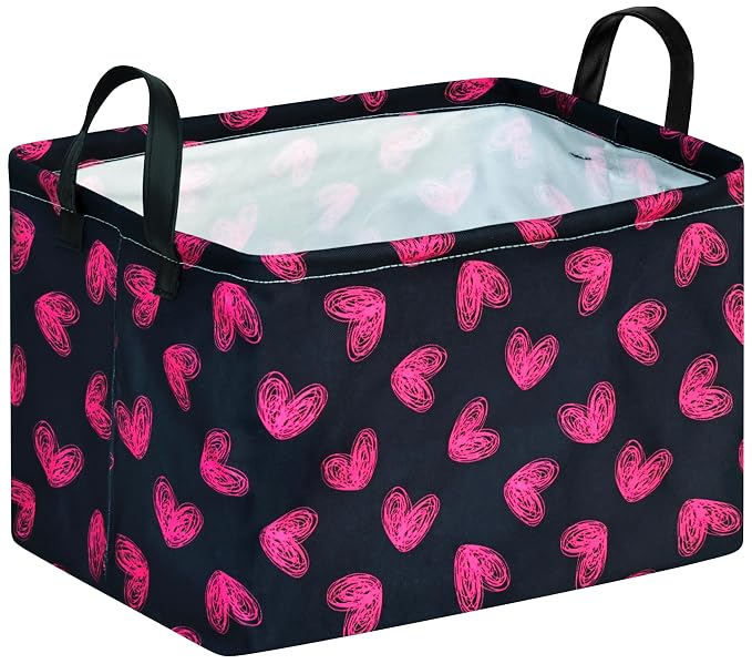 Rectangular Valentines Basket Storage Bin for Shelves Girls Gifts Baskets Foldable Box with Handles for Home Office Car Dormroom Valentine's Day Party Supplies