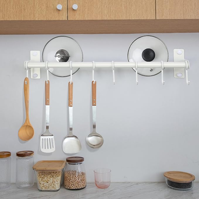 Dseap Pot Rack - Pots and Pans Hanging Rack Rail with 8 Hooks, Double Bars, Pot Hangers for Kitchen, Wall Mounted, White