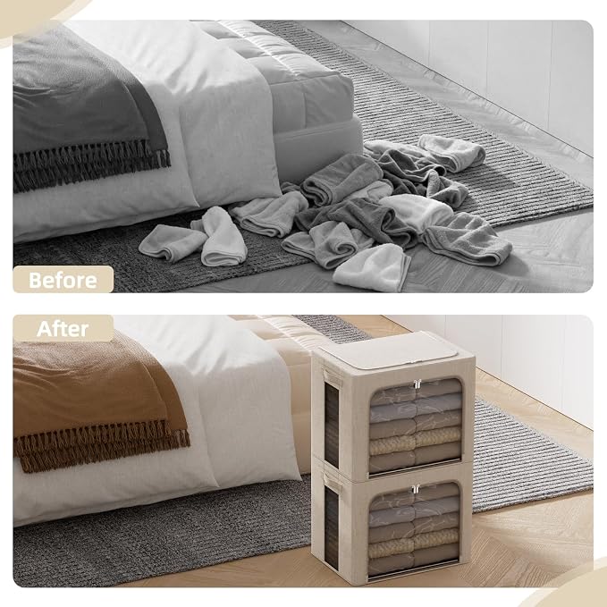 FHSQX 2 Pack Clear Window Storage Bins - Large Stackable Linen Fabric Storage for Clothes Foldable Container Organizer Set with Carrying Handles (Beige, 16.5x 12.2x 12.2Inch)