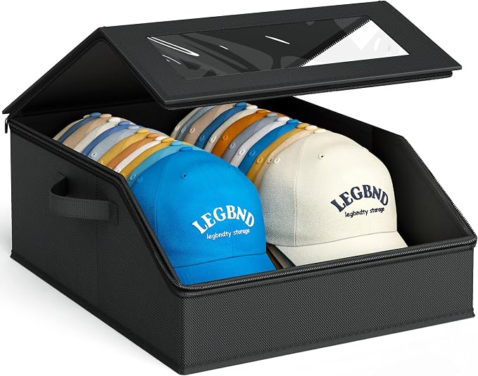 AOODA Sturdy Hat Storage for Baseball Caps, Holds up to 24 Caps Clear Hat Organizer for Closet, Bedroom, Wide Hat Box with Cardboard (Pure black)