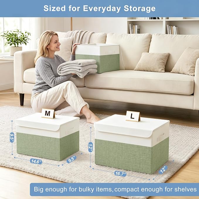 Large 17" 42 Quarts Collapsible Stackable Storage Bins with Lids [3-Pack] Foldable Fabric Linen Storage Boxes Cube, Closet Organizer Baskets with Label for Home (16.7 x 12 x 12", Green & White)