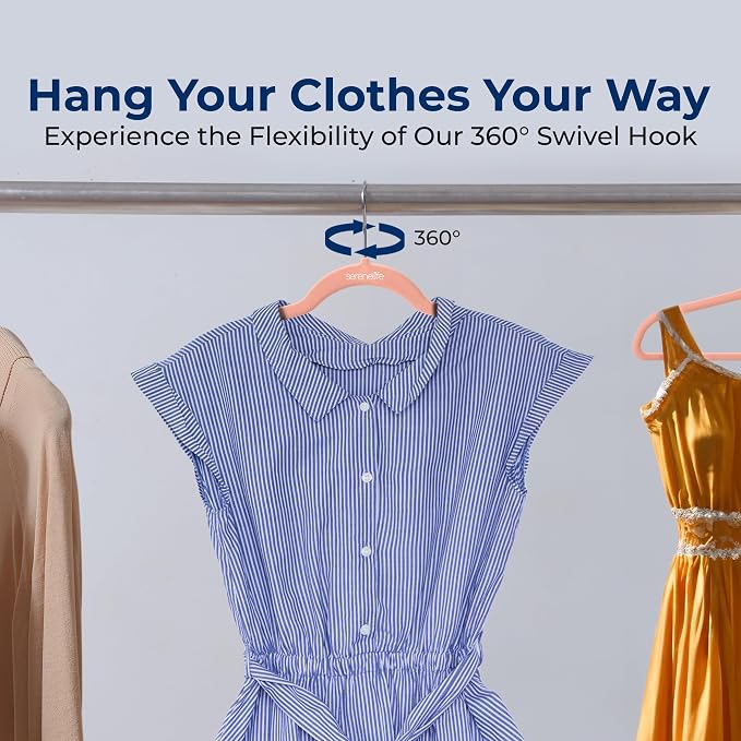 SereneLife Velvet Hangers – 100 Pack, Slim & Space Saving for Closets | Soft velvet grip prevents slipping on silk, satin & knitwear – 360° swivel hook fits all standard closet rods