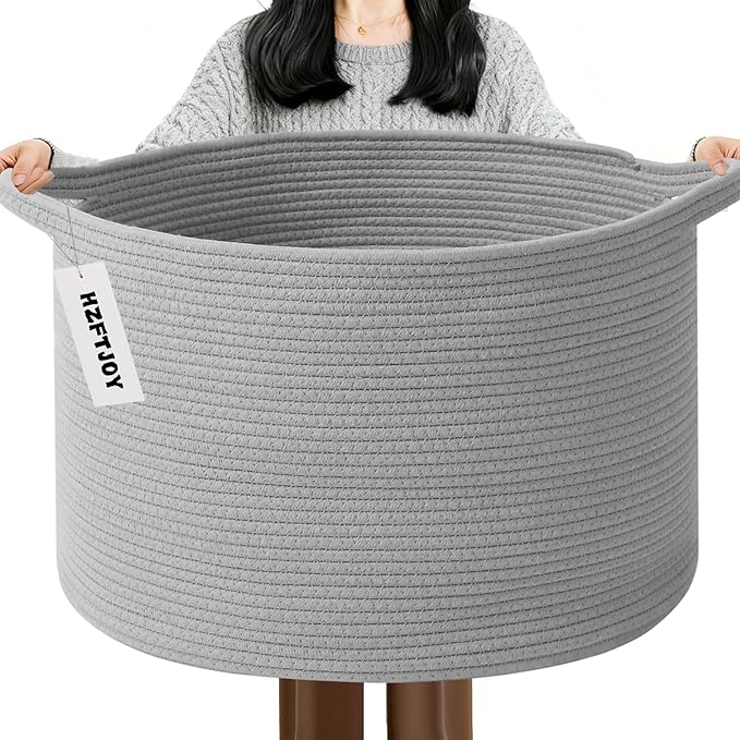 65L Large Blanket Basket,Woven Rope Laundry Basket Hamper with Handles,Decorative Nursery Basket Storage Bin for Toys, Pillows , Clothes Organizer, Living Room, Bedroom, Bathroom, Light Gry
