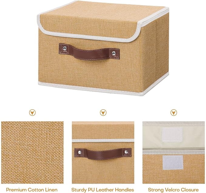 ANMINY Storage Bin with Lid Storage Boxes with PU Leather Handles PP Plastic Board Decorative Foldable Lidded Cotton Linen Fabric Home Cubes Baskets Closet Organizer Container - Khaki, Small Size