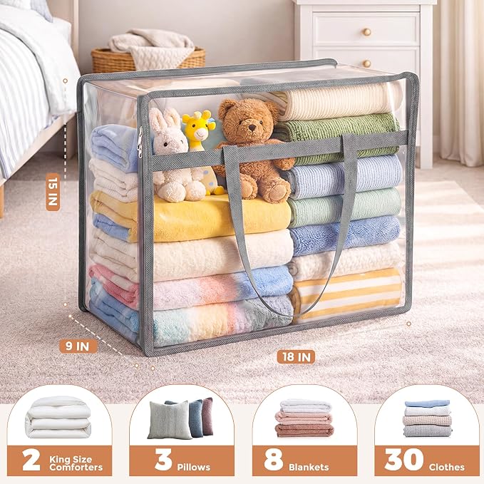 Budding Joy Clear Zippered Storage Bags for Clothes,40L Closet Organizers and Storage Containers Vinyl Moving Bag for Bedding, Linen, Blankets, Comforters, Clothing & Toys, Grey, 4 Pack