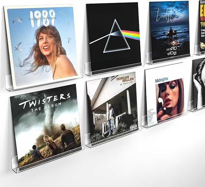 Laurensory Vinyl Record Wall Mount Shelves, 12 inch Vinyl Holder, 8 Pack | Clear Acrylic Floating Shelves for Album Record Storage Display, Wall Decor, Magazine Rack, Kids Bookshelf, Picture Ledge