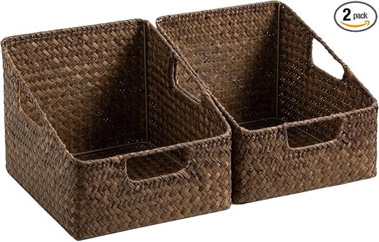 StorageWorks Pantry Baskets for Organizing, Wicker Baskets with Handles, Seagrass Storage Basket for Shelves, Woven Baskets for Pantry Storage, Brown, 2-Pack