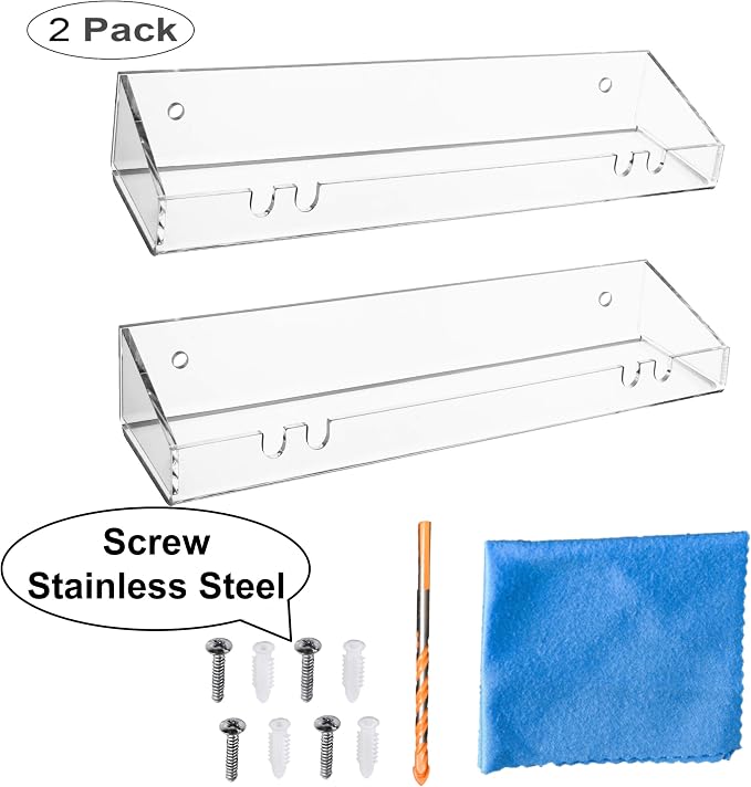 AMT 2 Pack Acrylic Floating Shelves, 15"L x 4.8"W, Clear Bathroom Wall Shelves, Bookshelves, Invisible Shelf For Office, Bedroom, Kitchen, Design with Hanging Slots for Sponge, Free Screws & Drill Bit