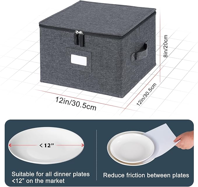 popoly China Storage Containers Hard Shell Inside 12" W x 8" H, Dinner Plate Storage Containers for Dishes, Dinnerware with 24 Felt Dividers, Hold 24 Plates, Storage Stackable (2 Pack Grey)
