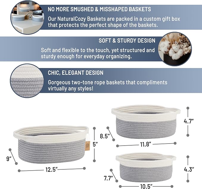 NaturalCozy 3-Piece Oval Storage Basket Set– Cotton Rope Woven Baskets for Storage, Gift Basket Empty, Toy Basket, Soft Baby Basket for Nursery, Cat Dog Toy Baskets, Small Basket (Off White & Gray)