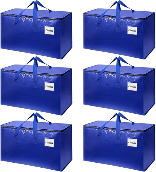 6 Pack Extra Large Heavy Duty Moving Bags with Reinforced Zippers & Wide Carry Handles, Durable Storage Totes for Clothes Packing, Dorm Moves & Home Organization, Blue
