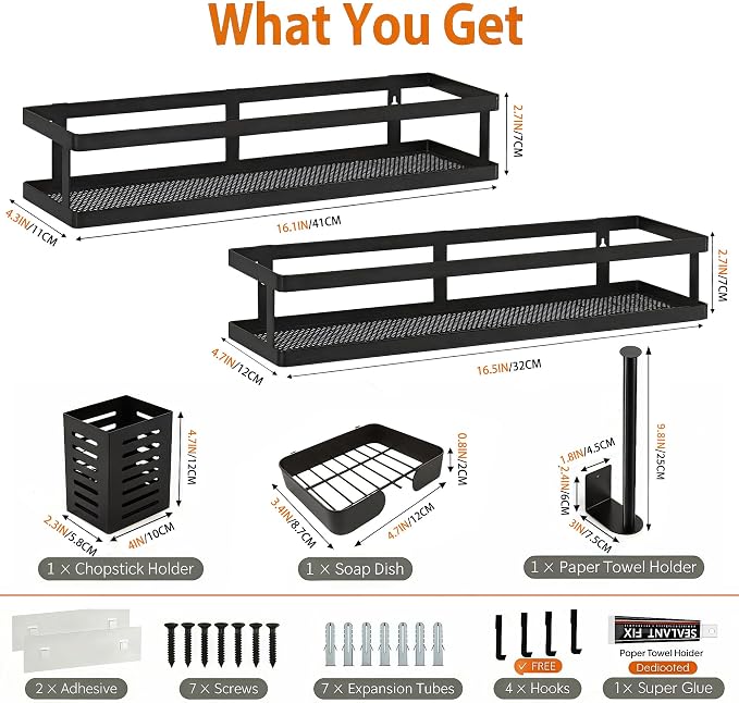 PUSDON 5-in-1 16.5" Extra Long Kitchen Organizer & Shower Caddy Set, Wall Mount Spice Rack with Paper Towel Holder, Utensil Holder & Soap Dish, Rustproof Mesh - Matte Black, Guardrail