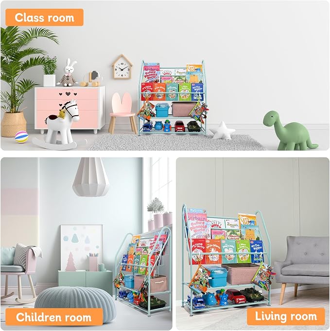 Kids Bookshelf Toy Storage, Bookcase Shelf for Children Room, 5-Tier Large Metal Cabinets Shelves Display, Freestanding Books Store Library, Bed Living Room Bins Organizer (Large, Green)