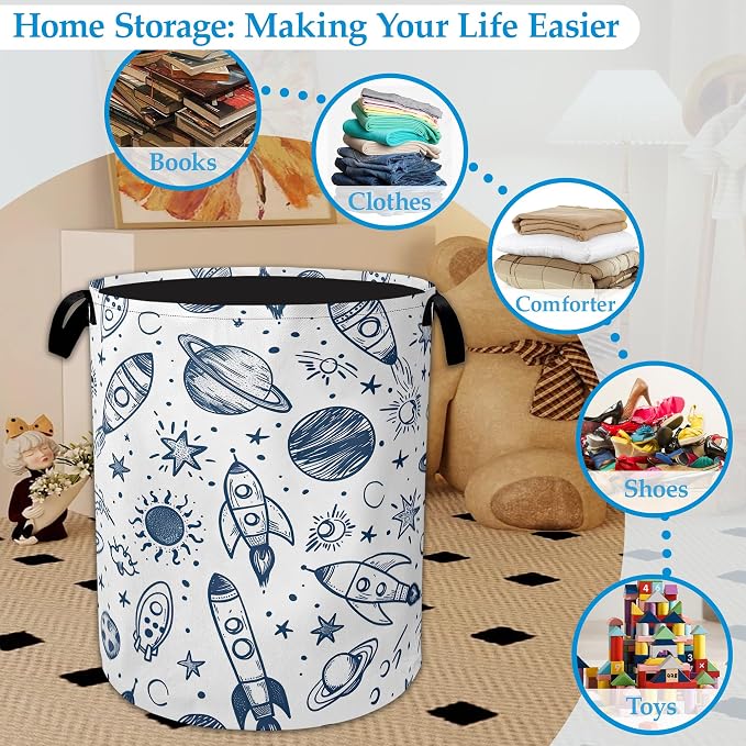 Vintage Planet Rocket Laundry Basket Collapsible Laundry Hamper Clothes Storage Bin for Bathroom Bedroom Room Decor 16" X 20.8"