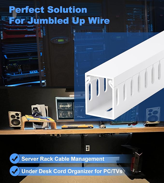 ZhiYo H1.6in W1.2in Professional Server Rack Cable Management Raceway, 6ft (2 x L3ft) Cable Raceway Kit, Electrically Safe PVC Open Slot Wire Raceway for Under Desk/Computer/Network Cords, White