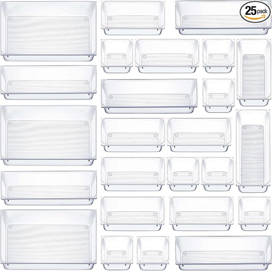 Seseno 25 PCS Clear Plastic Drawer Organizers Set, 4-Size Versatile Bathroom and Vanity Drawer Organizer Trays, Storage Bins for Makeup, Bedroom, Kitchen Gadgets Utensils and Office Accessories