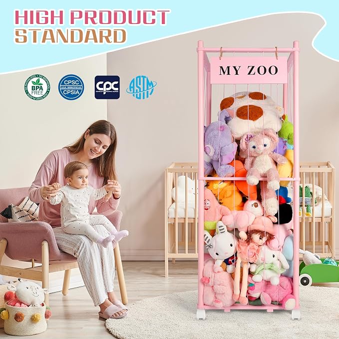 GLDZI Stuffed Animal Storage Zoo with Wheels, Wooden Stuffed Animal Organizer with Elastic Cords, Space Saving Toy Plushies Storage Holder for Playroom, Bedroom, Living Room(Pink, Large)