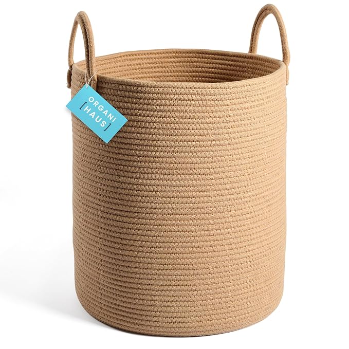 OrganiHaus Tall Cotton Rope Laundry Basket & Hamper, Blanket Storage 52L | Full Honey - Tall Cotton Rope Hamper, 52L