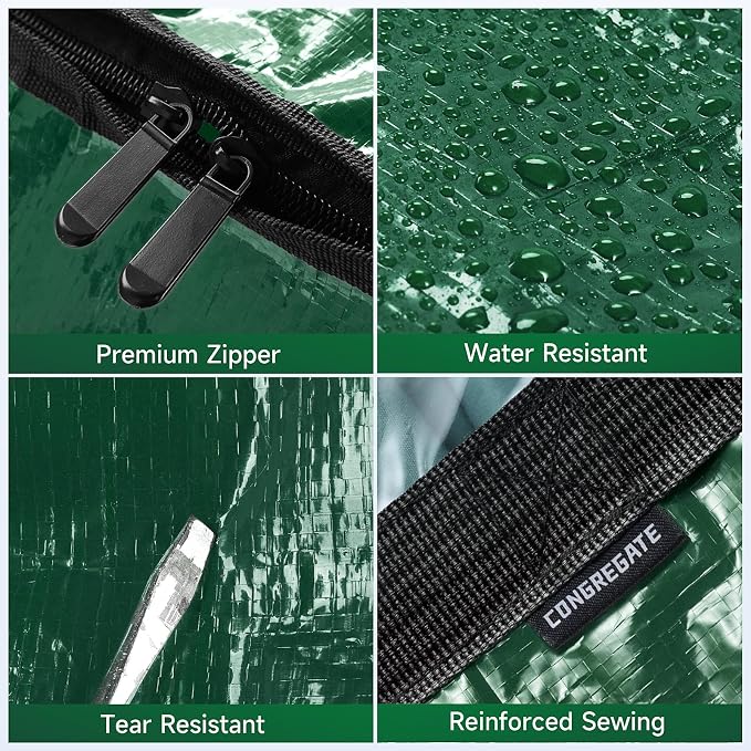 CONGREGATE 8-Pack Heavy Duty Dark Green Moving Bags with Zippers and Handles, Heavy Duty Storage Handbags for Space Saving, Made of PE, 97 Liters/25.6 Gallons (28.7 inches x 13.7 inches x 15 inches)