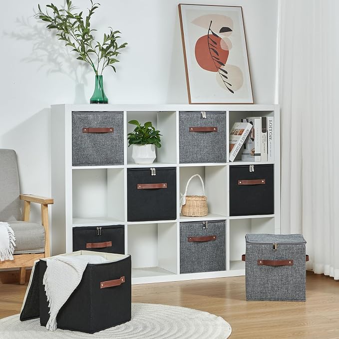 2PCS Storage Cubes with Lid Fabric Storage Bins Boxes PU Leather Handles Cotton Linen Closet Organizer Container Decorative Foldable Washable Shelf Cloth Basket (Zipper Lid, Gray, 11in)