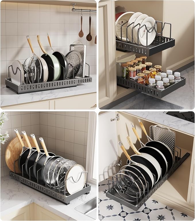 Pull Out Pots and Pans Organizer Under Cabinet, Expandable Sliding Lid Holder and Pan Rack for Kitchen, Slide Out inside Cabinet for Pot Lid, Bakeware, Dishes, 10 Adjustable Dividers, 1 Pack Black