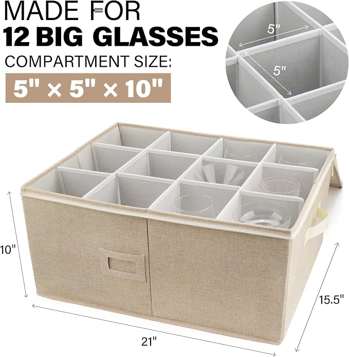 LotFancy Stemware Storage Container, Hard Shell, Large Wine Glass Storage Box for Moving, Stackable, Foldable, Crystal Glassware, Drinkware Case with Dividers & Handles, 21”x15.5”x10”, Beige