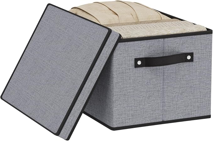 Storage Bin with Lid, Storage Box for Shoes Towels Books, Fabric Closet Organizer with Handles, Gray, 16.5 x 11.8 x 10.2 Inch, 1-Pack