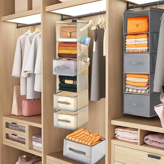 6-Tier Hanging Closet Organizer with 3Drawers and Side Pockets-Multi-FunctionalStorage for Shoes, Belts, Purses, and Clothing