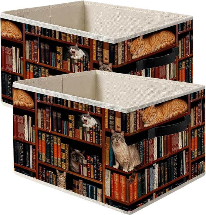 Vintage Cat Book Lovers Storage Bin Box with Handles, Retro Cat Bookish Foldable Organizer Basket for Reading Corner Room Library Bedroom Bathroom Home Clothes Books, Set of 2