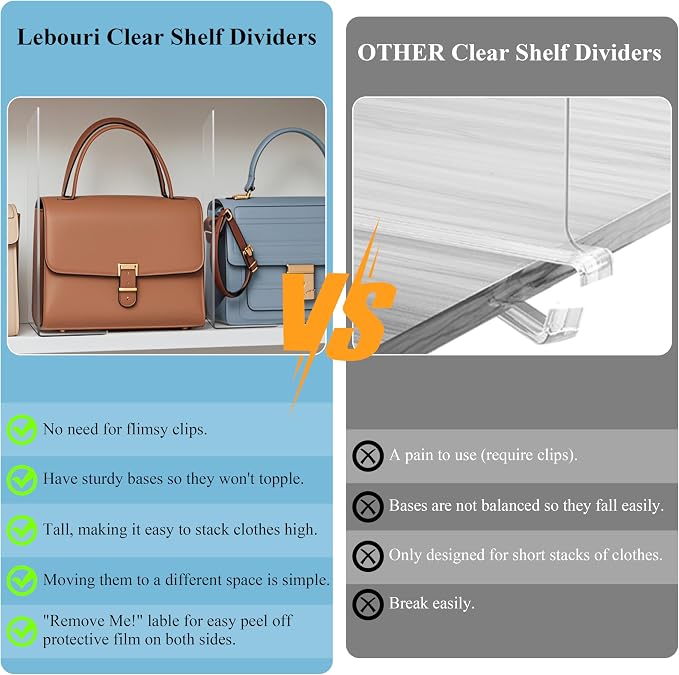 Shelf Dividers for Closet Organization - Acrylic Closet Dividers for Shelves - Clear Free-Standing Shelf Separators for Clothes Sweater Purse