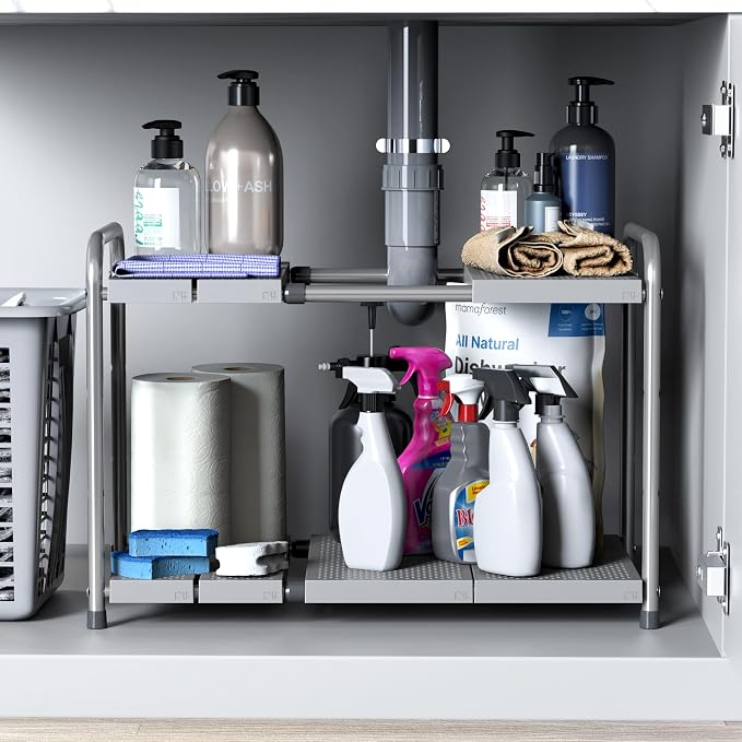 Simple Houseware Under Sink 2-Tier Heavy Duty Expandable Rack Organizer, Adjustable Width 15.75–25 Inches with 4 Shelf Height Levels, Silver