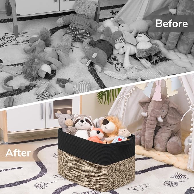 Goodpick Large Woven Basket 18" x 14" x 12" Cotton Rope Storage Baskets for Organizing, Rectangle Wicker Laundry Basket with Handles, Toy Baskets for Kids, Black & Jute