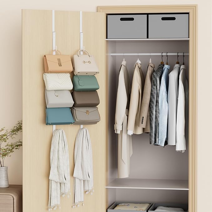 SWTYMIKI Over the Door Purse Organizer - 2 Packs Wall Mounted Purse Rack with 8 Hooks Design, Hanging Handbag Organizer Storage Holds up to 16 Bags, Bag Rack for Closet, Door (White)