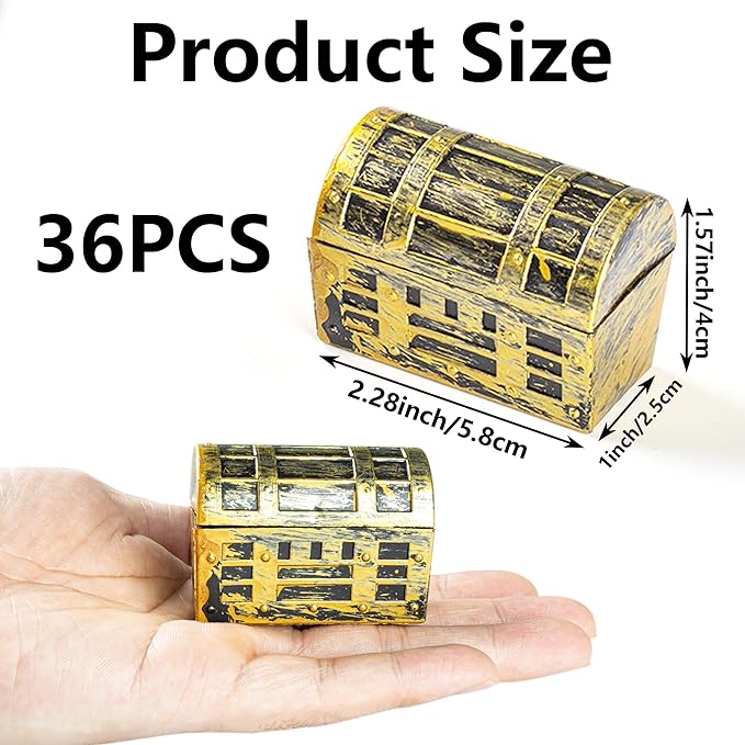 36Pcs Mini pirate treasure chest 2.28 x 1 x 1.57 Inch Plastic toy pirate chest with a Gold finish Vintage pirate small decorative box for Kids prizes Halloween Birthday Party Props