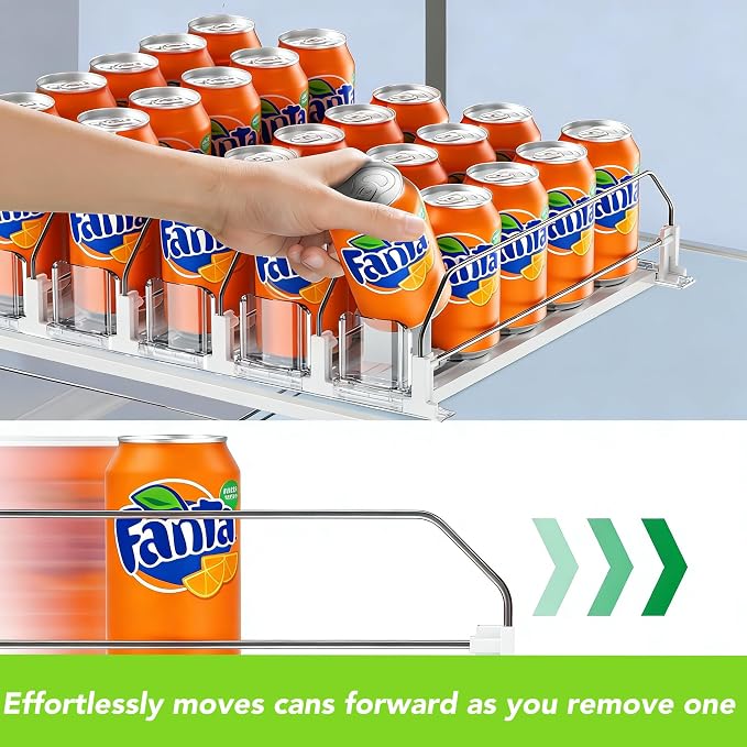 Adjustable White Fridge Organizer, Automatic Can Dispenser & Drink Rack | Holds up to 25 Cans (12oz/16oz/20oz), Gliding Soda & Beer Organizer for Refrigerator - Space Saving Kitchen Storage