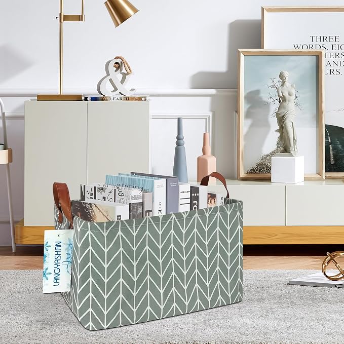 Rectangular Collapsible Grey Point Storage Basket Nursery Organizer | Storage Bin Foldable Canvas with Handles for Organizing Home Kitchen Children Toys Office Closet Shelf Baskets