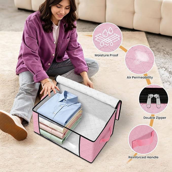 Fab totes 35L Closet Organizers and Storage, Foldable Under Bed Storage Containers, Storage bags for Organizing Bedroom, Closet, Clothing,Organization with Handle (4 Pack,Pink)