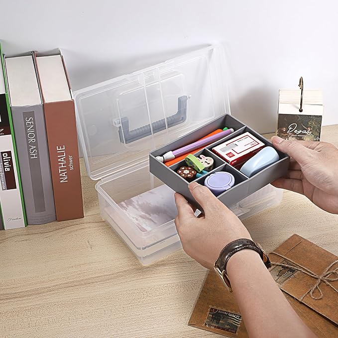 JUXYES Clear Art Craft Supply Storage Bin Sewing Box With Handle Lid | Clear Stackable Latching Craft Storage Bin for School Office, Organizing Stationery, Sewing, Art Craft, DIY Supplies