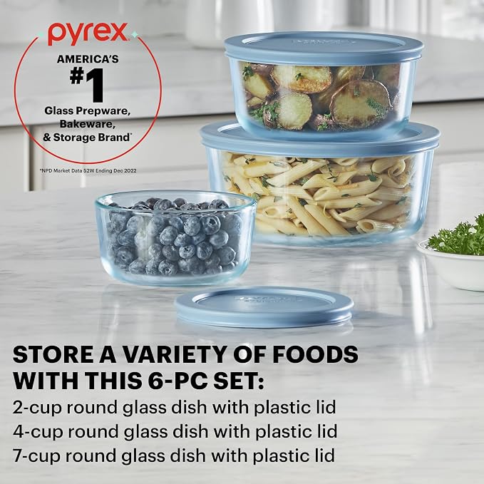 Pyrex Colors Tinted (6-PC Medium) Small/Medium Round Food Storage Container Set, Snug Fit Non-Toxic Plastic BPA-Free Lids, Freezer Dishwasher Microwave Safe, 2 Cup, 4 Cup & 7 Cup