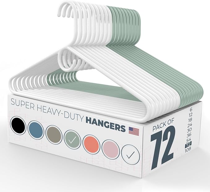 Super Heavy Duty Clothes Hangers 50+ Pack (72 Count) – Made in the USA - 10lb Capacity, Thick Plastic Hangers for Pants, Coats, Jackets, Jeans and Adult Clothing – White & Mint